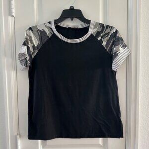 Womens Camouflage & Striped Sleeve Black T-Shirt By Aifer M